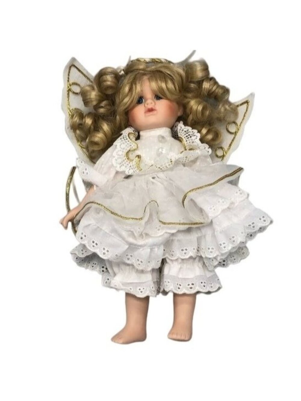 Angle white gold trim blond lace wings china doll 11" tall READ